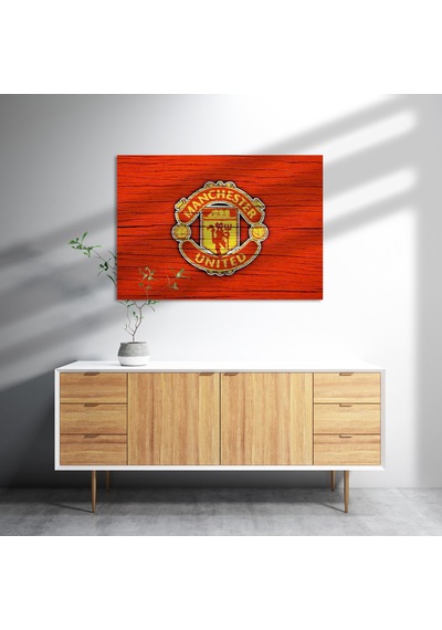 Cakasepetim Kırmızı Boyalı Zeminde Manchester United Logosu Ahşap Mdf Tablo