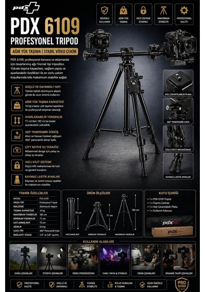 Pdx 6109 Profesyonel Tripod Ağır Yük Taşıma Stabil Video Çekim