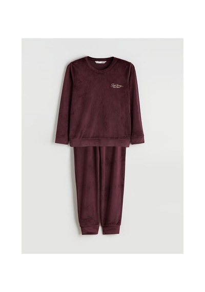 Lcw Dream Mürdüm Bisiklet Yaka Nakışlı Kadife Kadın Pijama Takımı