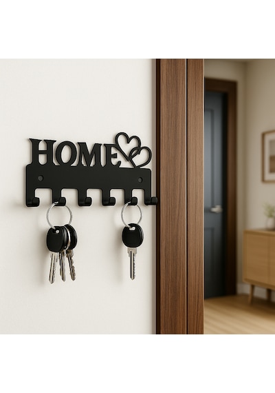 Lunoart Home Yazılı Kalpli Metal Anahtarlık Askısı Duvar Tipi Anahtar Organizer Siyah