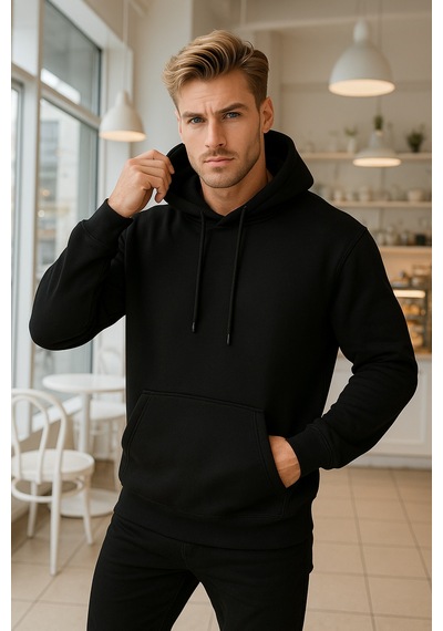 Rich Erkek Siyah Pamuklu Cep Detaylı Kapüşonlu Sweatshirt Siyah