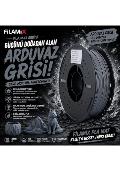 Filamix Pla Mat Arduvaz Grisi Filament 1.75mm 1kg Mat Yüzey