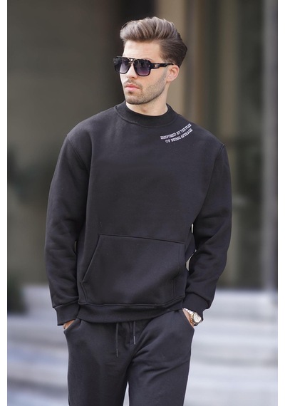 Madmext Siyah Bisiklet Yaka Nakış Detaylı Cepli Erkek Sweatshirt 7049-siyah Siyah