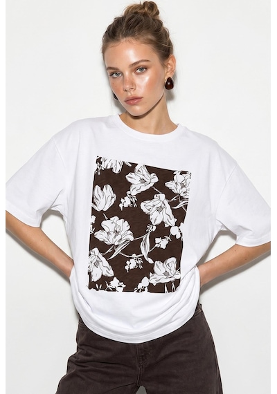 Shade Kadın Bisiklet Yaka Çiçek Baskılı Oversize %100 Pamuklu T-shirt Öt100001 60286273 - Beyaz-kahve Beyaz - Kahverengi