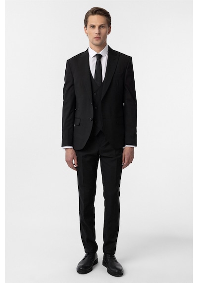 Süvari Siyah Slim Fit Düz Sivri Yaka 6 Drop Yelekli Klasik Takım Elbise