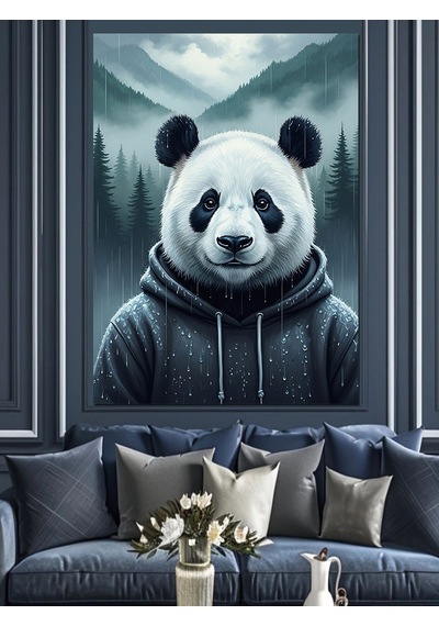 Ahşap Tablo Yağmurdaki Kapüşonlu Panda