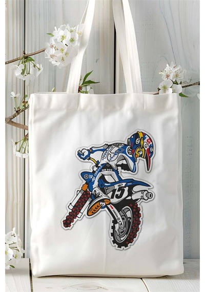 Art Hediye Motocross Moto Cross Baskılı Bez Çanta Kişiye Özel Model 4 Çok Renkli