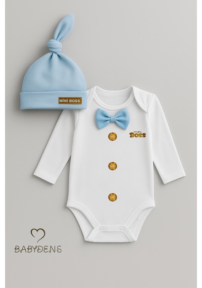 Babyden's Mini Boss Papyonlu Erkek Bebek Zıbın Seti Şapkalı Yenidoğan Bebek Body Takım Mavi