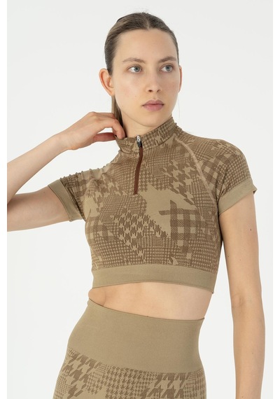 Maraton Slimfit Kadın Bisiklet Yaka Vizon Crop Top Vizon