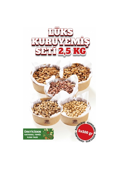 Lüks Kuruyemiş Seti 2,5 Kg 5x500g Antep Fıstığı, Kaju, Badem, Fıstık, Fındık-yeni Mahsul Taze 2500 G