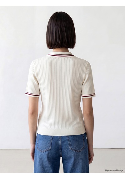 Lcw Comfort Beyaz Polo Yaka Çizgili Kadın Triko Kazak