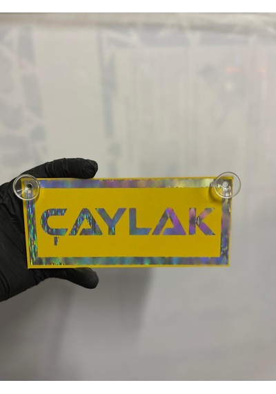 Sarı Renk Üzeri Hologram Renk Çaylak Yazılı Vantuzlu Cam Süsü