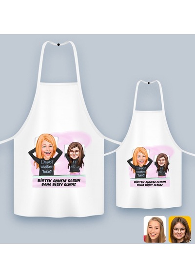 Bk Gift Kişiye Özel İkili Anne Kız Karikatürlü Mutfak Önlüğü Seti-1, Anneye , Anneler Günü leri