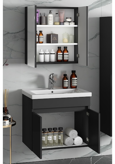 Çiğdem 65+35 Cm Antrasit Gri Mdf Sepetli Asma Banyo Dolabı Takımı Antrasit - Gri