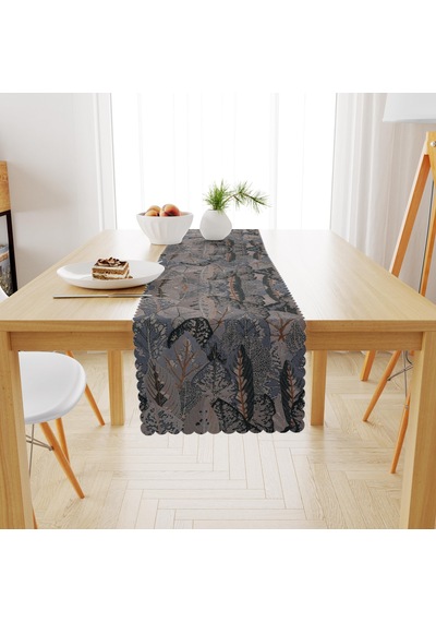 Yaprak Desenli Vizon Antrasit Dijital Baskılı Petek Dokuma Runner 40x140