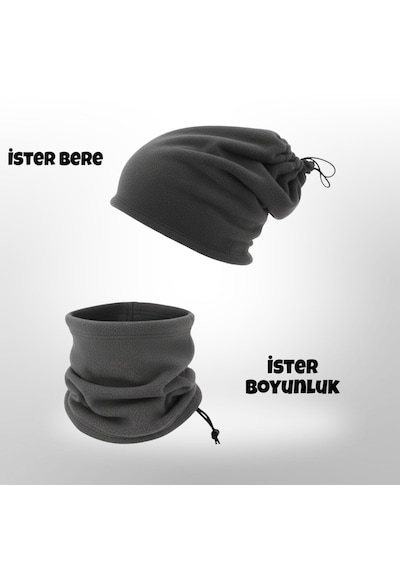 Qulothes Termal Polar Soğuk Geçirmez Bere & Boyunluk Unisex Pamuklu Kışlık Ayarlanabilir İpli Bere Gri