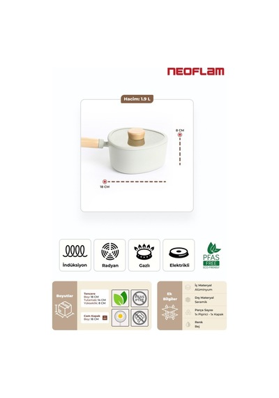 Neoflam Fika Apex Seramik Kaplama İndüksiyonlu Sos Tenceresi 18 Cm - Bej