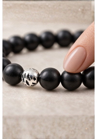 8mm Hakiki Şungit Shungite Doğal Taş Bileklik - Emf Koruması Alpaka Ara Aparatlı Siyah