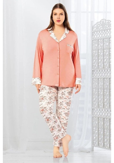 Faal 8803 Kadın Büyük Beden Uzun Kollu Önden Düğmeli Pijama Takım-somon SOMON