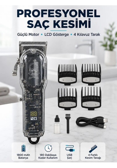 Astraltech Profesyonel Erkek Tıraş Makinesi Güçlü Motorlu Lcd Göstergeli 1800 Mah
