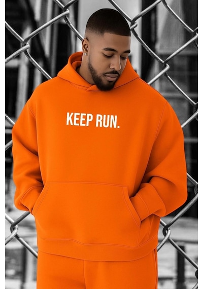 Benroma 3 İplik Penye Keep Run Baskılı Büyük Beden Sweatshırt Turuncu