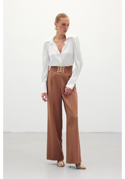Sateen Bel Aksesuarlı Bol Paça Pantolon - Camel