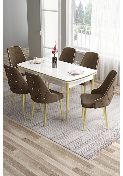 Canisa Tia Serisi 80x132 Açılabilir Mdf Mutfak Masası Takımı Beyaz Masa Gold Detay 6 Kahverengi Sandalye Masa Beyaz Sandalye Kahve Canisa Tia Serisi 80x132 Açılabilir Mdf Mutfak Masası Takımı Beyaz Masa Gold Detay 6 Kahverengi Sandalye Masa Beyaz Sandalye Kahve