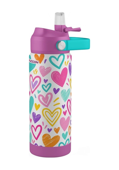 Puccon 540 Ml Renkli Kalpler Desenli Beyaz - Mor Kız Çocuk Pipetli Çelik Termos Matara/suluk - 60063