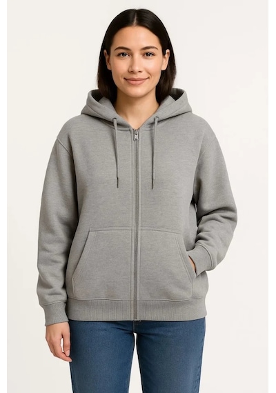 Üç İplik Kapüşonlu Tam Fermuarlı Kanguru Çepli Sweatshirt Hoodie - Gri