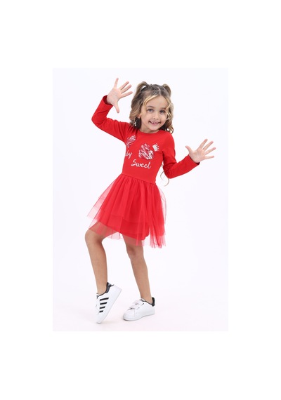 Toontoy Kids Toontoy Kız Çocuk Baskılı Elbise Kırmızı