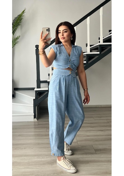 Bebe Mavi Omuz Vatka Detaylı Crop Bluz - Pantolon Takım Bebe Mavi