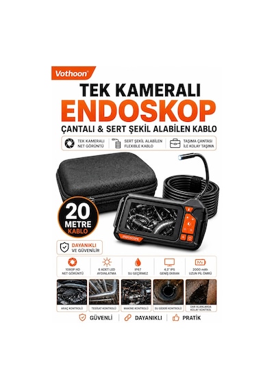 Ekranlı Tek Kameralı 20 Mt Sert Kablo Yılan Endoskop Kamera 8 Mm 4.3 Inc