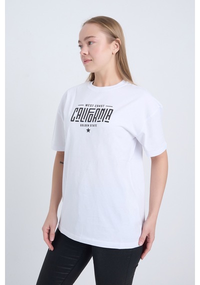 Kadın Oversize Baskılı T-shirt Beyaz California Beyaz