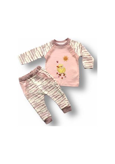 Cndr 0-3 3-6 6-9 Ay Süslü Ördek Nakışlı Uzun Kollu Sweatli 2li Kız Bebek Takımı Pembe