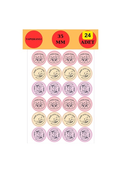 24 Adet - Pembe Sarı Mor Handmade Sticker - Paketleme Sticker - Hediye Sticker - Teşekkür Sticker Çok Renkli