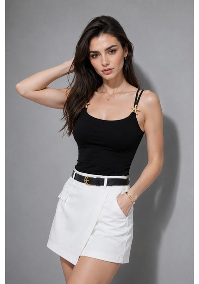 Wild Bee Kadın Siyah Aksesuar Detaylı İp Askılı Slim Fit Bluz