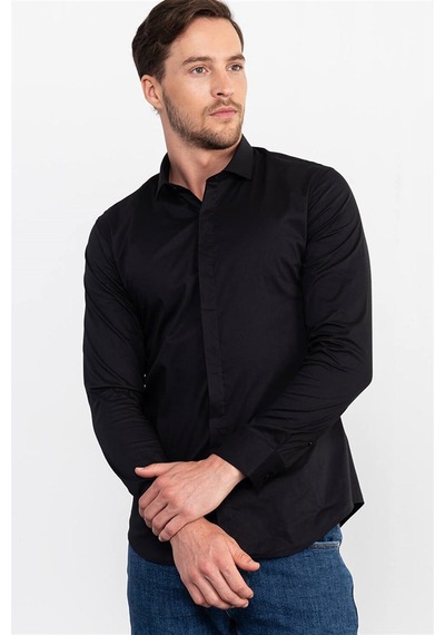 Tudors Süper Slim Fit Dar Kesim Erkek Gömlek-15231 Siyah