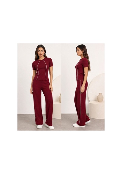 Butik İstanbul Kadın Biye Detay Pantolonlu Takım Bordo