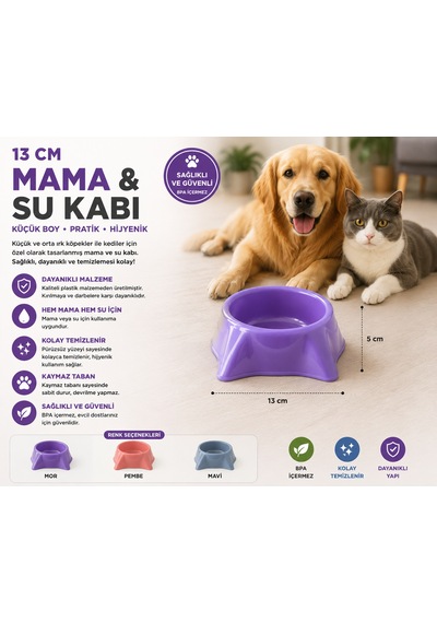 Kedi Köpek Mama Ve Su Kabı 13 Cm Küçük Boy Kaymaz Tabanlı - Mor