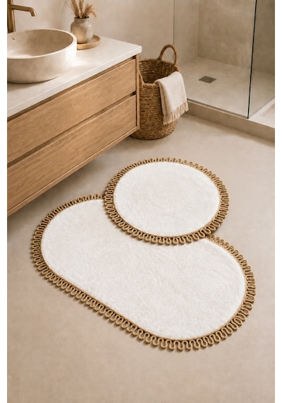 El Yapımı Bohem Banyo Paspası 2'li Peluş Kaymaz Jel Taban Yuvarlak 60x60 Cm Ve Oval 55x100 Cm Beyaz Jüt Hasır