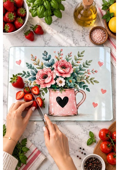 Gökçeoğlu Cam Kesme Tahtası Pembe Kupada Çiçek Temalı - Cam Kesme Tablası 30cm X 40cm Çok Renkli