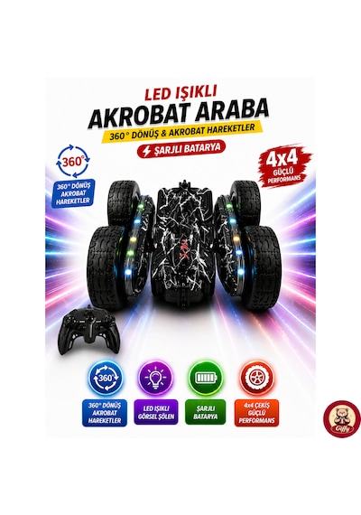 Oyuncak Led Işıklı 360 Akrobat Uzaktan Kumandalı Araba Şarjlı 4x4 Off Road Dublör Oyuncak Araba Siyah