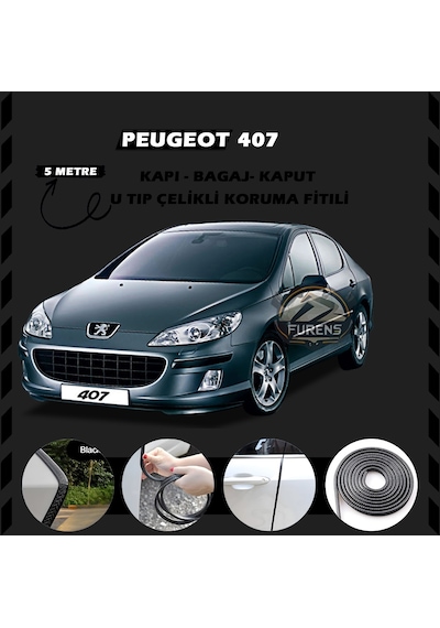 Peugeot 407 Oto Araç Kapı Koruma Fitili 5 Metre Parlak Siyah Renk