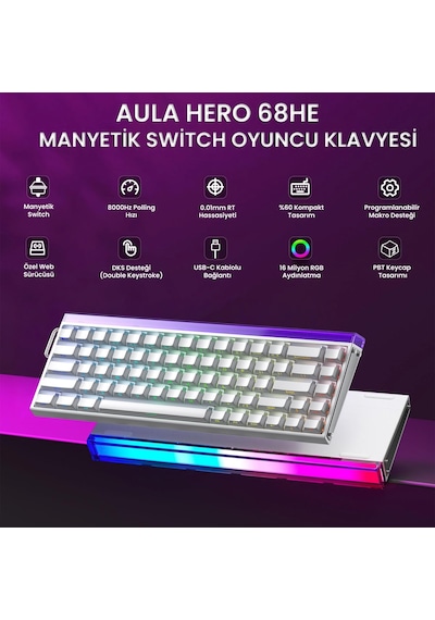 Aula Hero 68 He Manyetik Klavye Rapid Trigger Jade King Switch 8000hz Rgb Neon Tkl Hot Swap Oyuncu Klavyesi Beyaz