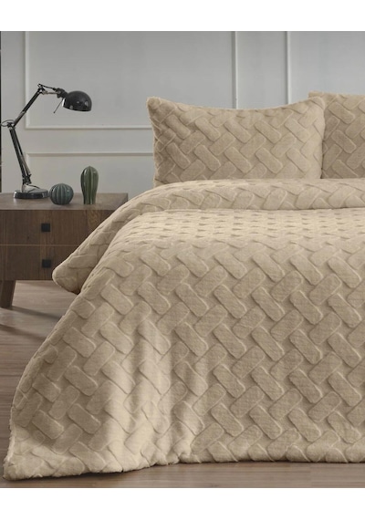 Merinos Diamond Çift Kişilik Yatak Örtüsü Peluş Kürk Yumuşak Comforter Yorgan Seti Bej