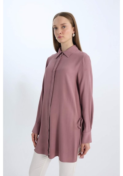 DeFacto Relax Fit Gömlek Yaka Yandan Bağlamalı Uzun Kollu Basic Düz Gömlek Tunik D7200AX24WNBR94 Bordo