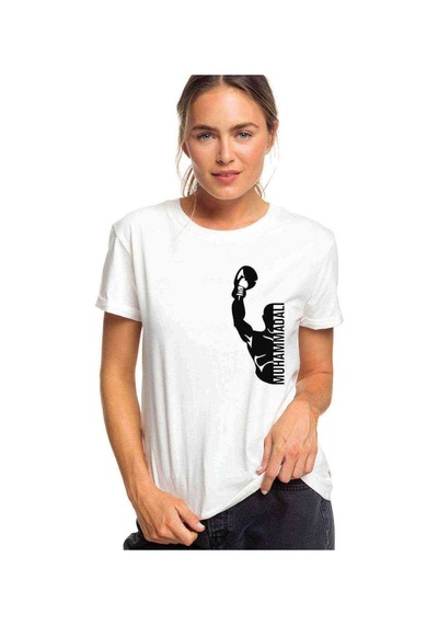 Muhammed Ali Yumruk Baskılı Beyaz Kadın Tshirt