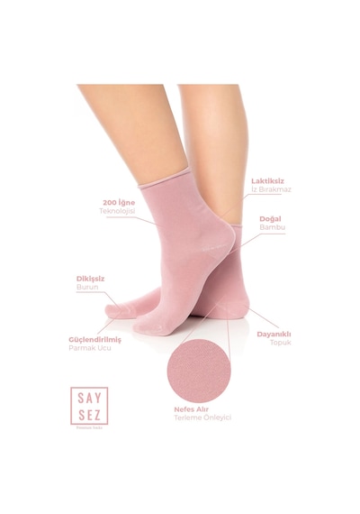Saysez Bambu Kadın Lastiksiz Pembe Soket Dikişsiz Premium Çorap Kutulu 6'lı / İz Bırakmaz / Sıkmayan Çorap Renkli