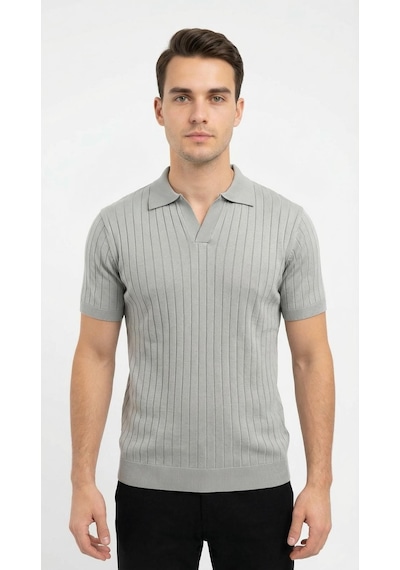 Erkek Polo Yaka Slim Fit Triko Tişört Dikey Çizgili Modern Yazlık Triko Gri
