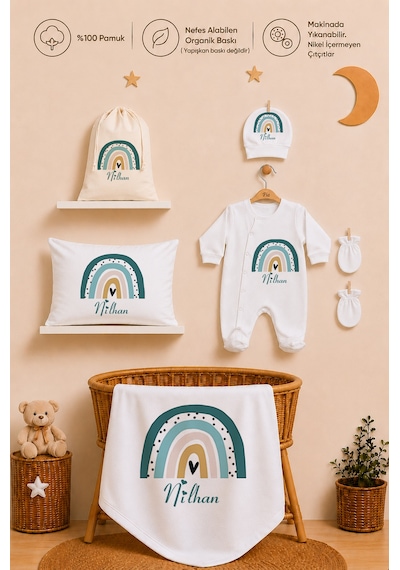 Pia Baby İsme Özel %100 Pamuk Erkek Bebek Yastık Battaniyeli Tulum Set Kese Hediyeli 1095tybkyx Krem